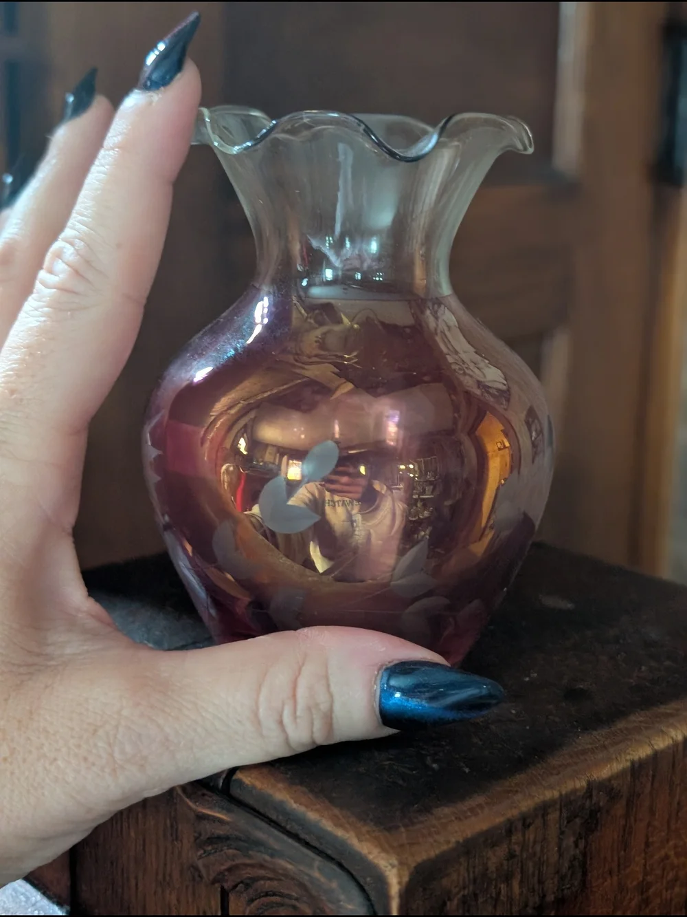 Vintage Pink Iridescent Glass Vase with Etched Floral Design Ruffle Cranberry